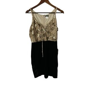 Venus Dress Size 10 Womens Sequin Velvet Cocktail Gold Black Laceup VNeck